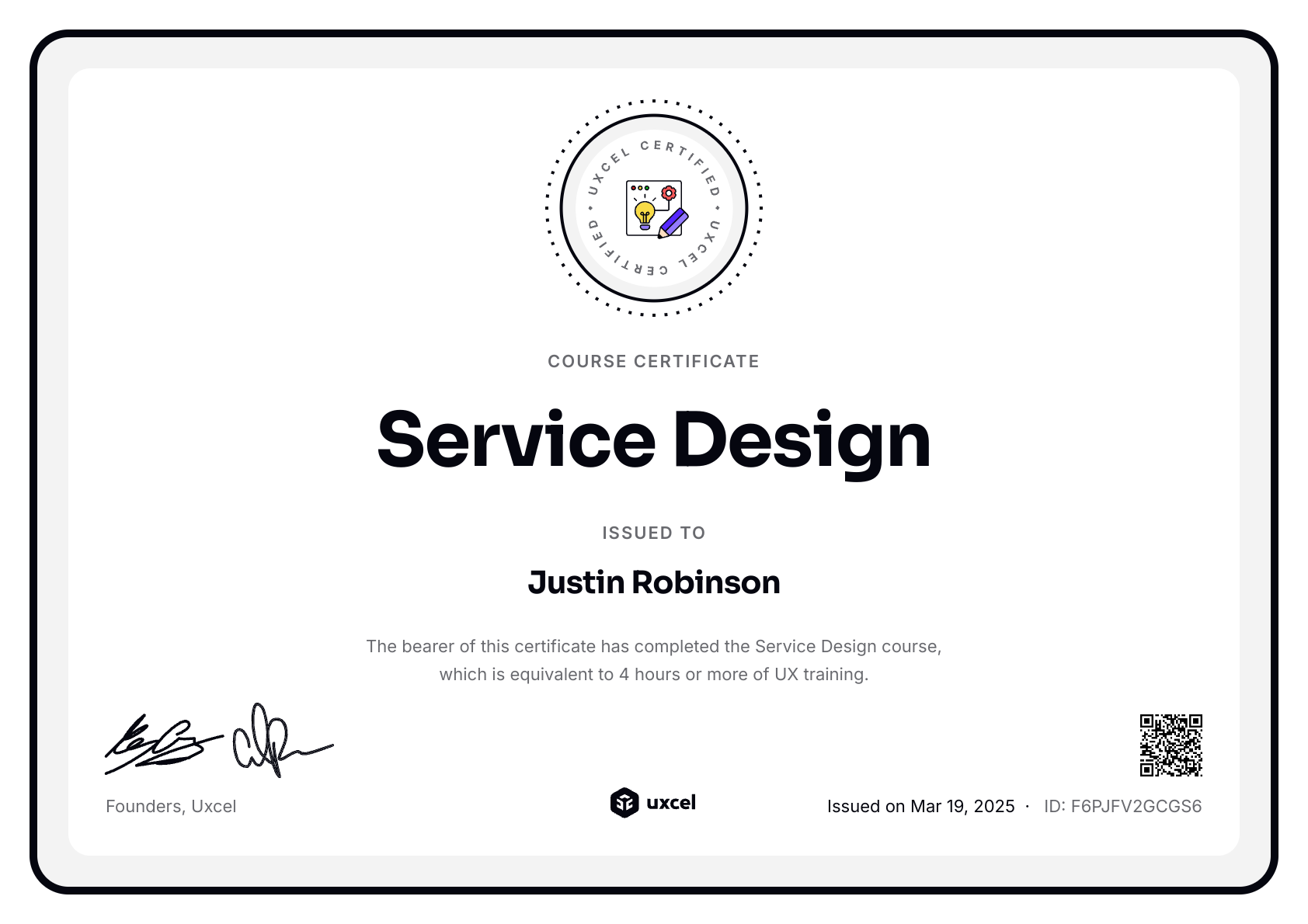 Justin Robinson's certificate